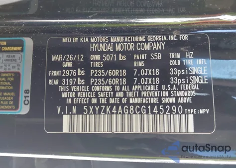 2012 Hyundai Santa Fe Limited V6 z USA, uszkodzony, nr VIN 5XYZK4AG8CG145290